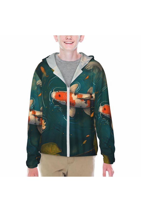 Koi Pond Lilies Print Fishing Shirts for teenager Long Sleeve UV Sun Protection Hoodie with Zipper Outdoor Hiking Shirts-Large