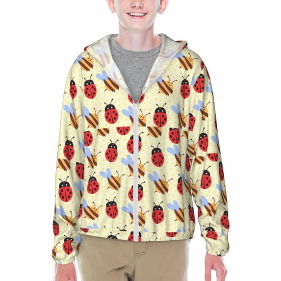 Xecao Ladybug And Bee Print Fishing Shirts for teenager Long Sleeve UV Sun Protection Hoodie with Zipper Outdoor Hiking Shirts-Large