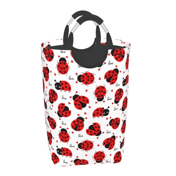 Xecao Ladybug And Heart for Laundry Basket,Collapsible Large Laundry Hamper,Wash Bag for Laundry Room, Rolling Laundry Basket with Handles