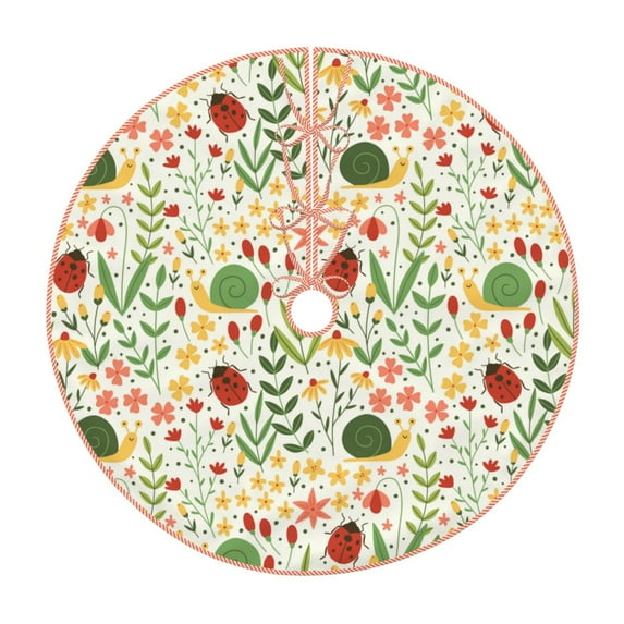 Xecao Ladybug And Wild Flowers Pattern Christmas Tree Skirt Round Xmas Tree Mat Base Cover for Holiday Home Decorations-36"
