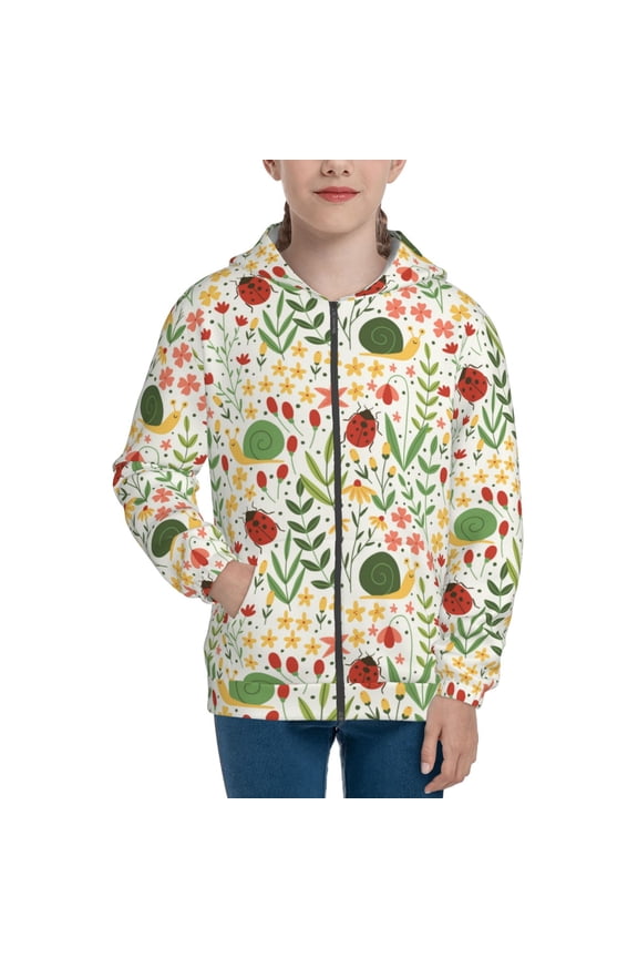 Ladybug And Wild Flowers Pattern Zip Up Hoodies for Boys Girls, Sweatshirt with Pockets-Medium
