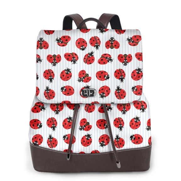 Xecao Ladybug On Blue Stripes Print Large Backpack Soft Leather for Women Travel with Compartment, Adjustable Convertible Strap