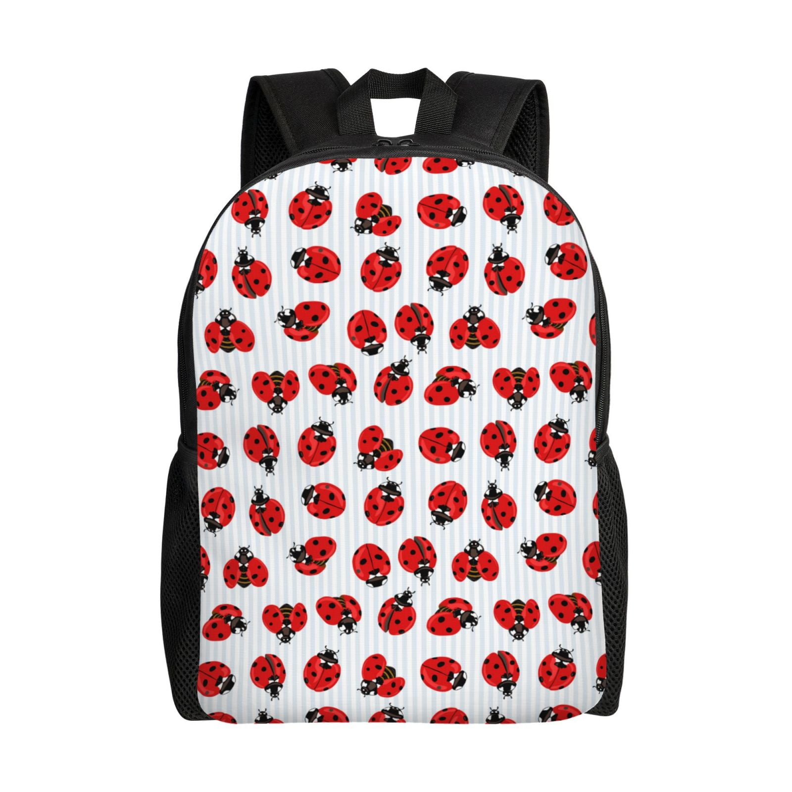 Xecao Ladybug On Blue Stripes Print School Backpack with Laptop Compartment Small Travel Laptop Backpack for Women Men Waterproof College Backpack Simple School Bag