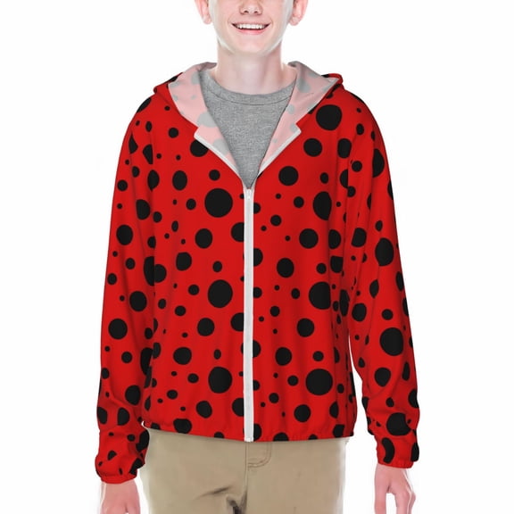 Xecao Ladybug Pattern Print Fishing Shirts for teenager Long Sleeve UV Sun Protection Hoodie with Zipper Outdoor Hiking Shirts-Large