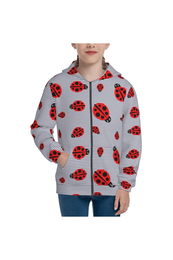 Ladybug Pattern Zip Up Hoodies for Boys Girls, Sweatshirt with Pockets-Medium