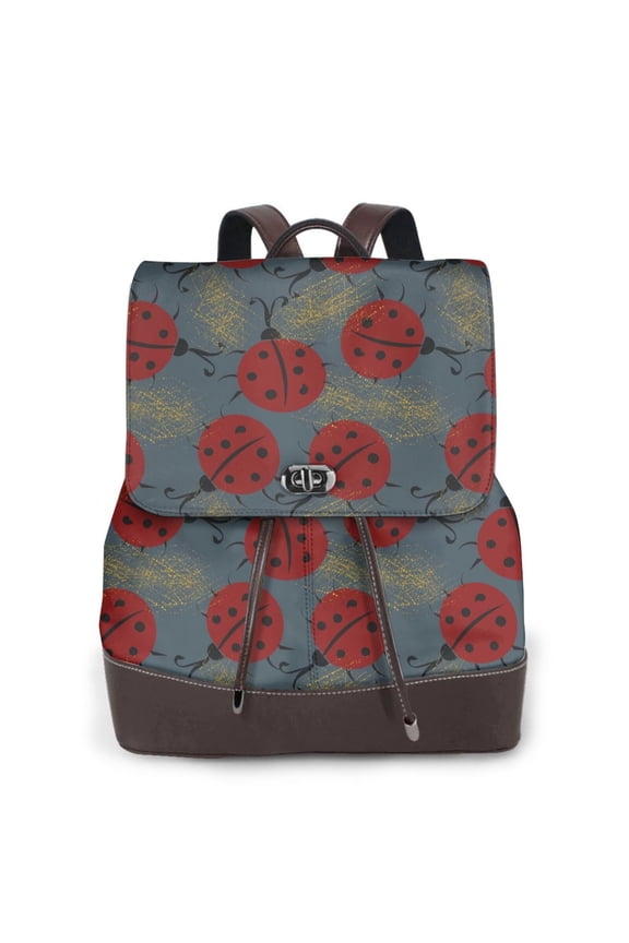 Ladybug Print Large Backpack Soft Leather for Women Travel with Compartment, Adjustable Convertible Strap