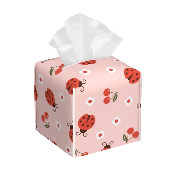 Xecao Ladybug With Flower for Tissue Box Cover Holder Square - Leather Decorative Organizer for Tabletop, Bathroom, Car, Office