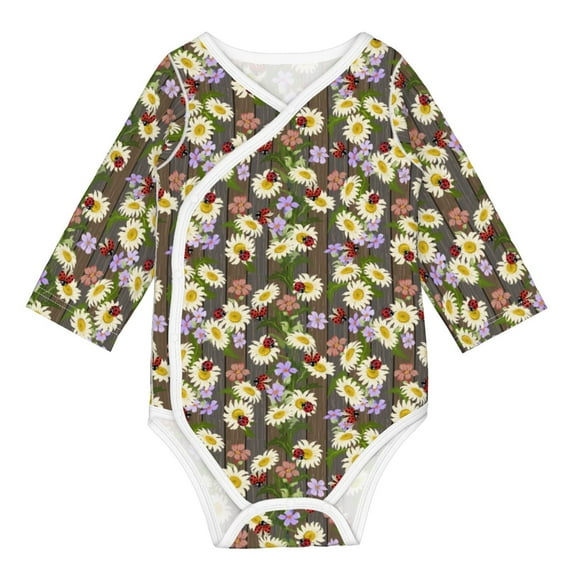 Xecao Ladybugs And Flowers On A Wooden Print Baby unisex-baby Cotton Long-sleeve Bodysuits-6 Months
