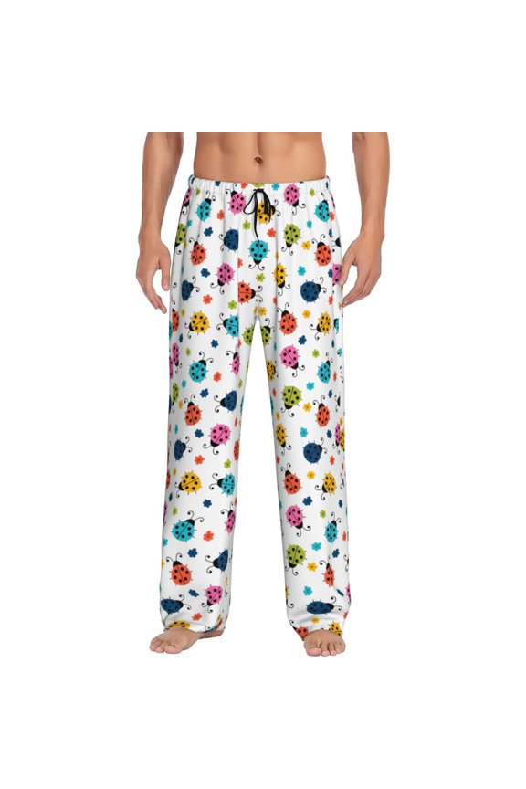 Ladybugs And Flowers Print Men's Straight Lounge Pajama Pants - The Ultimate in Comfortable Sleepwear-Medium