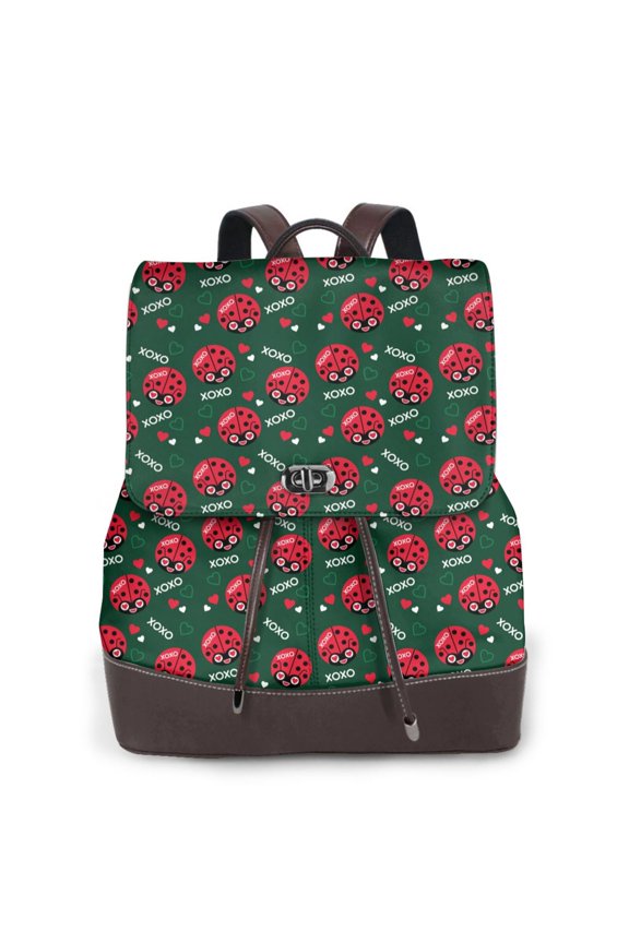 Ladybugs In Love Print Large Backpack Soft Leather for Women Travel with Compartment, Adjustable Convertible Strap