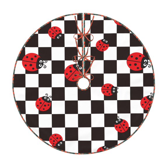 Xecao Ladybugs Of Black And White Checkers Pattern Christmas Tree Skirt Round Xmas Tree Mat Base Cover for Holiday Home Decorations-30"