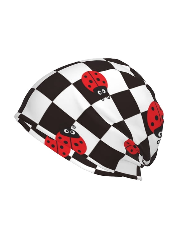 Ladybugs Of Black And White Checkers Print Knit Hat,Winter Beanie for Men Women, Beanie Soft Warm Ski Stocking Cuffed Cap