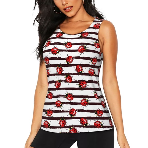 Xecao Ladybugs on Black and White Striped1 print women's scoop neck, loose-fit workout tank tops for the gym.