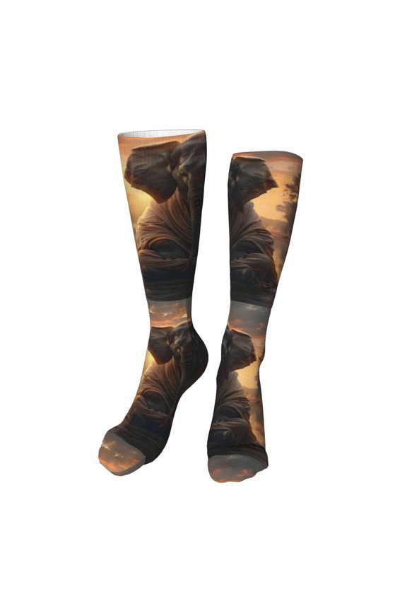 Lake Meditating Elephant Print Calf Socks Seamless Toe, Knee High Long Socks, Sports Socks Trouser Socks for Women and Men-One Size