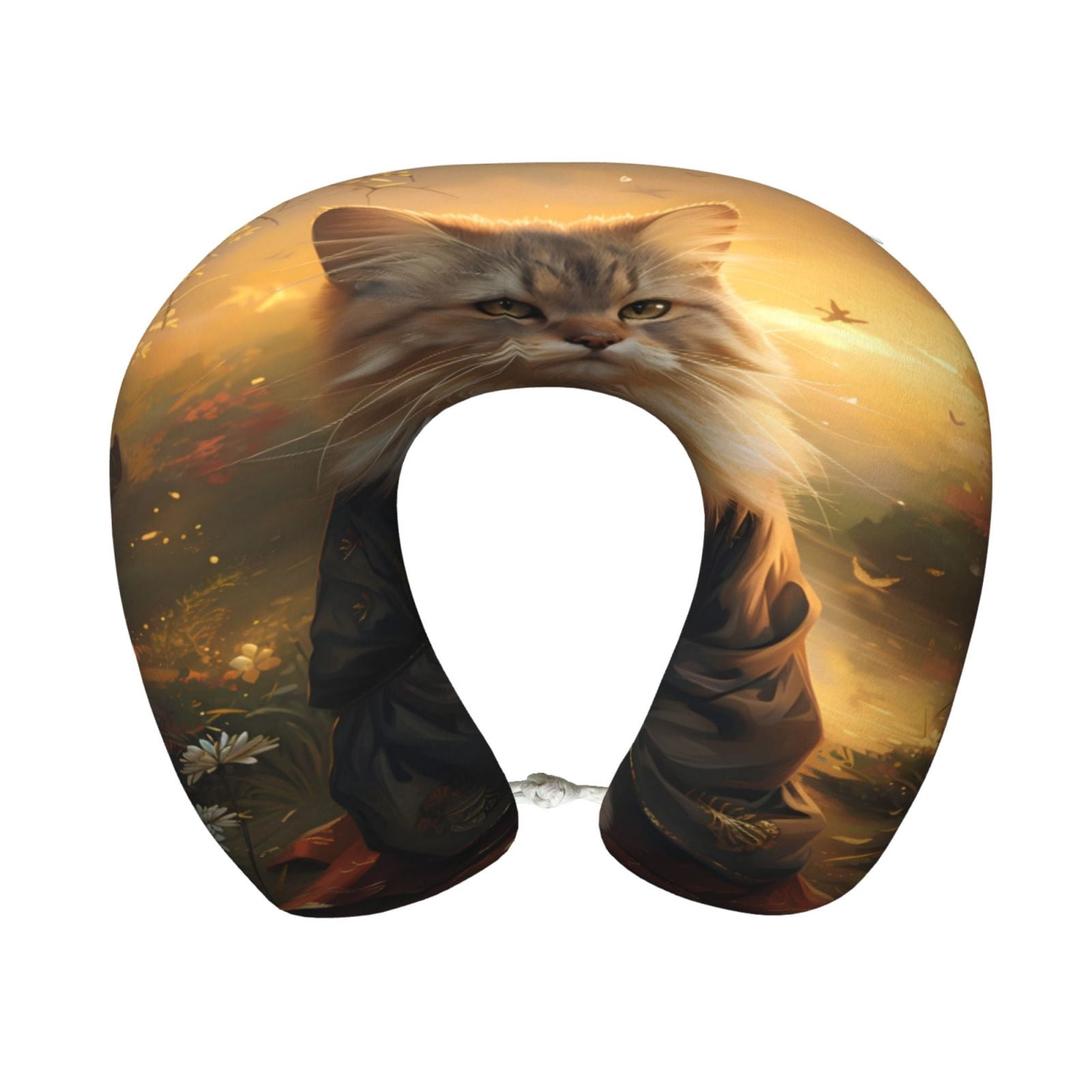 Xecao Lakeside Flower Field Cat Print Memory Foam Cervical Neck Pillow Versatile U-Shaped Pillows for Home,Office,Camping,Travelling,Soft Washable Cover