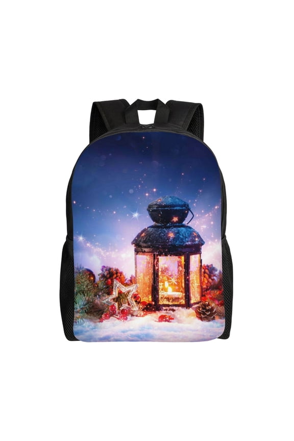 Lantern On Snow With Christmas Print School Backpack with Laptop Compartment Small Travel Laptop Backpack for Women Men Waterproof College Backpack Simple School Bag