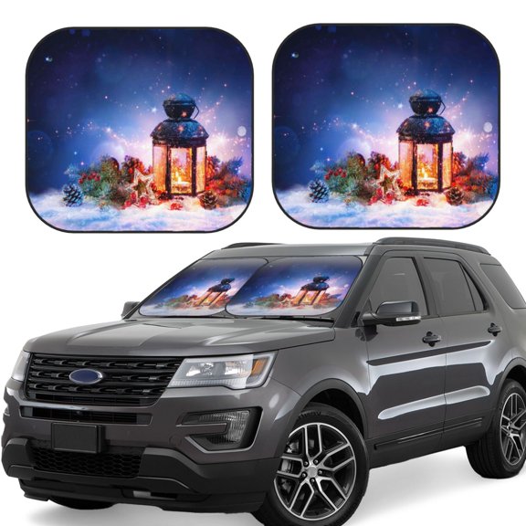 Xecao Lantern On Snow With Christmas for Foldable Car Sun Shades (2-Pack) offer sun protection with an easy-fold design for convenient windshield shading.