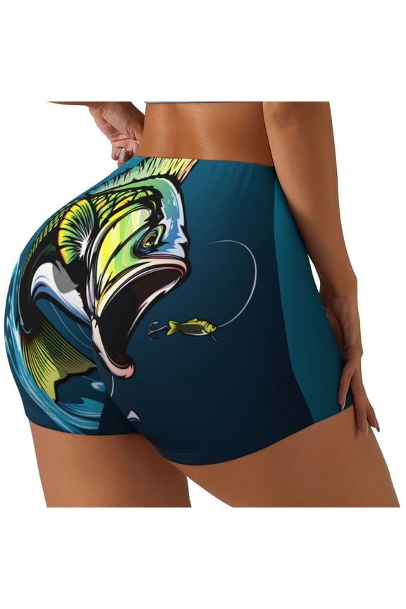 Largemouth Bass Fish Print Workout Shorts for Women Soft Smooth Gym Yoga Scrunch Active Tennis Workout Running Shorts-Small
