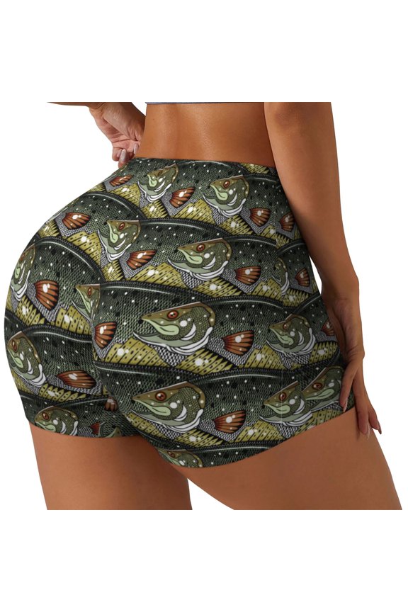 Largemouth Bass Fish Print Workout Shorts for Women Soft Smooth Gym Yoga Scrunch Active Tennis Workout Running Shorts-XX-Large