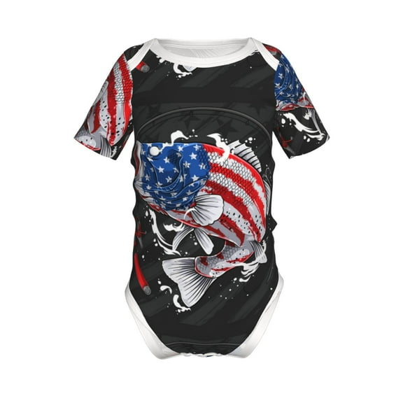 Xecao Largemouth Bass Fish in USA Pattern Baby Climbing Bodysuit Short Sleeve Onesie Unisex 0-12 Months Baby Shirt Newborn Outfits Crotch snap design-