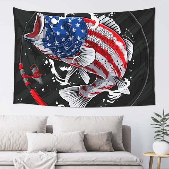 Xecao Largemouth Bass Fish in USA Print Tapestry, Wall Hanging Room Funny Decor, Backdrop Room Decor for Bedroom Living Room dormitory