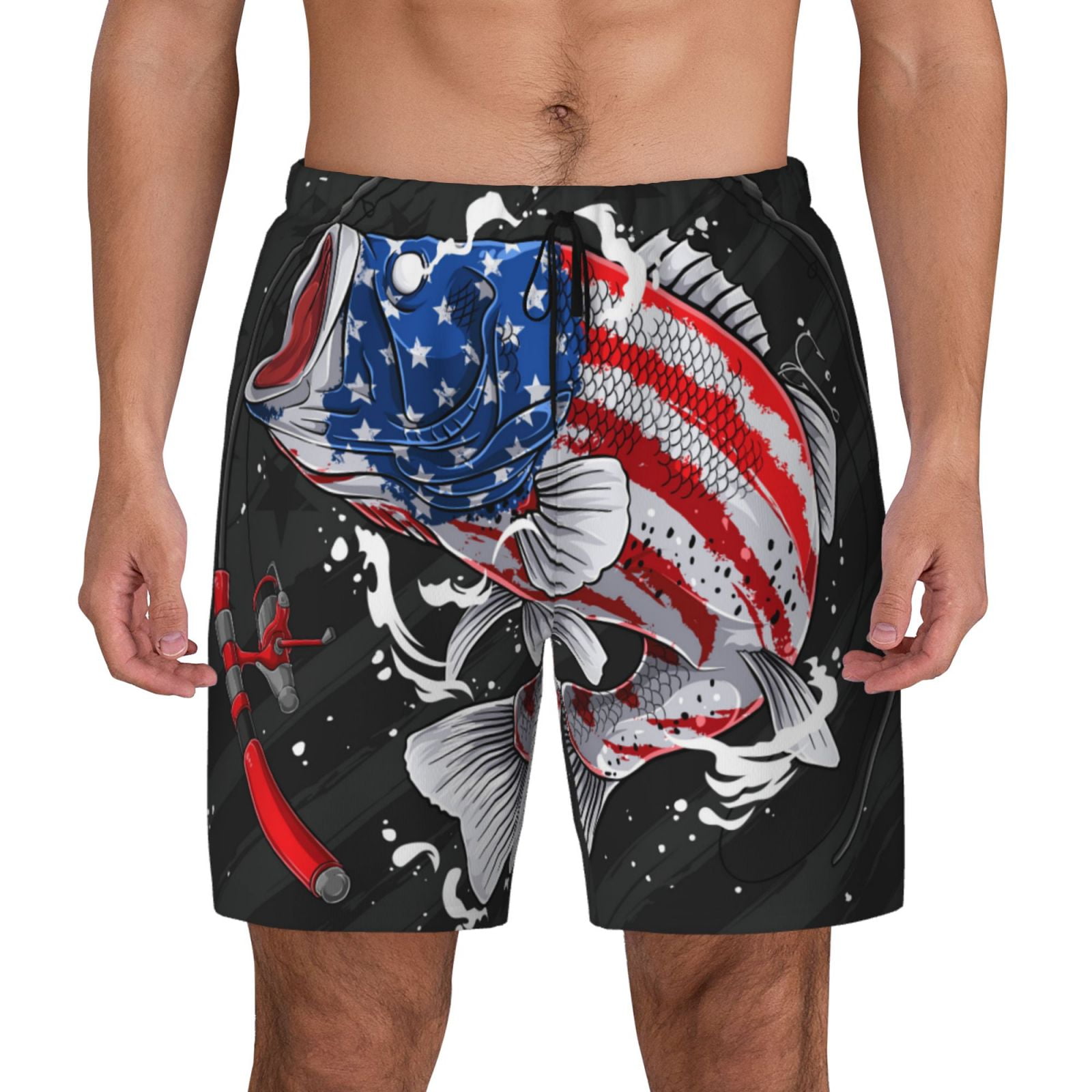 Xecao Largemouth Bass Fish in USA for Men's Swimming Trunks Swim Trunks Quick Dry Swim Shorts with Mesh Lining Funny Swimwear Bathing Suits