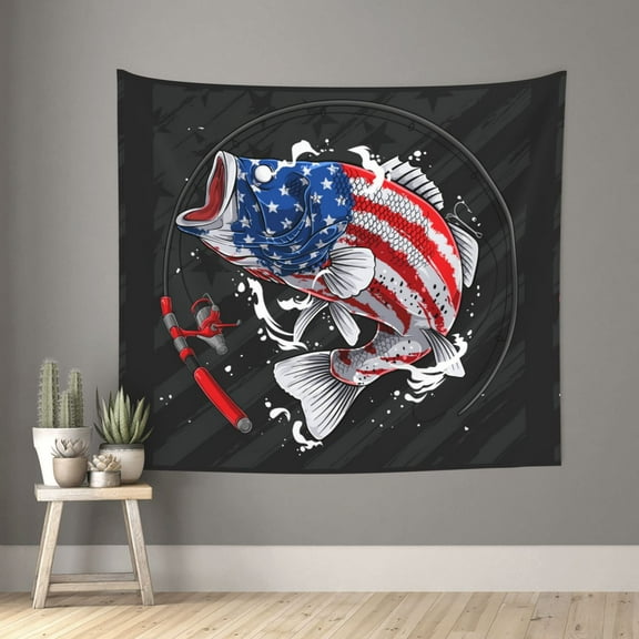Xecao Largemouth Bass Fish in USA patten Tapestry 60x51 Inches Wall Hanging Poster Tapestry for Living Room Bedroom Home Decor