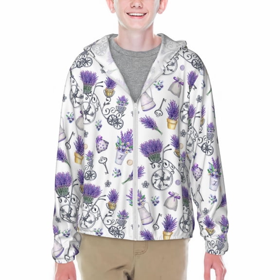 Xecao Lavender Bicycle Print Fishing Shirts for teenager Long Sleeve UV Sun Protection Hoodie with Zipper Outdoor Hiking Shirts-X-Large