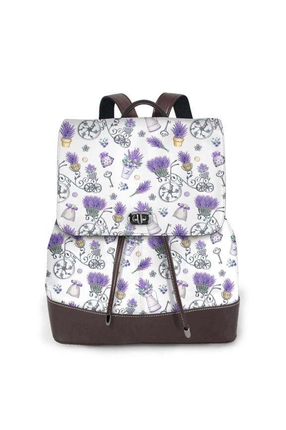 Lavender Bicycle Print Large Backpack Soft Leather for Women Travel with Compartment, Adjustable Convertible Strap