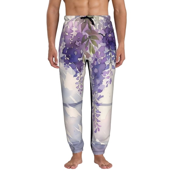 Xecao Lavender Blooms Window Print Active Tech Joggers for Men, Mens Sweatpants Lounge Pants with Pockets-X-Large