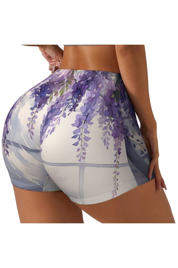 Lavender Blooms Window Print Workout Shorts for Women Soft Smooth Gym Yoga Scrunch Active Tennis Workout Running Shorts-Medium