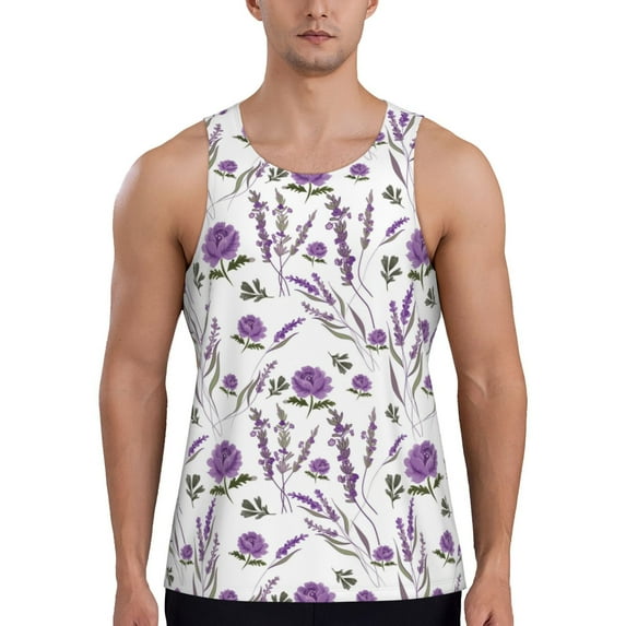 Xecao Lavender Flowers Men's Tank Top Workout Quick Dry Sleeveless Gym Jogging Muscle Shirts Summer Swim Beach Tops