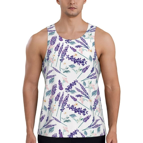 Xecao Lavender Flowers Men's Tank Top Workout Quick Dry Sleeveless Gym Jogging Muscle Shirts Summer Swim Beach Tops