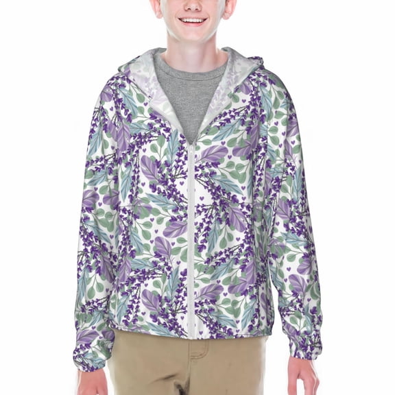 Xecao Lavender Flowers Print Fishing Shirts for teenager Long Sleeve UV Sun Protection Hoodie with Zipper Outdoor Hiking Shirts-Large