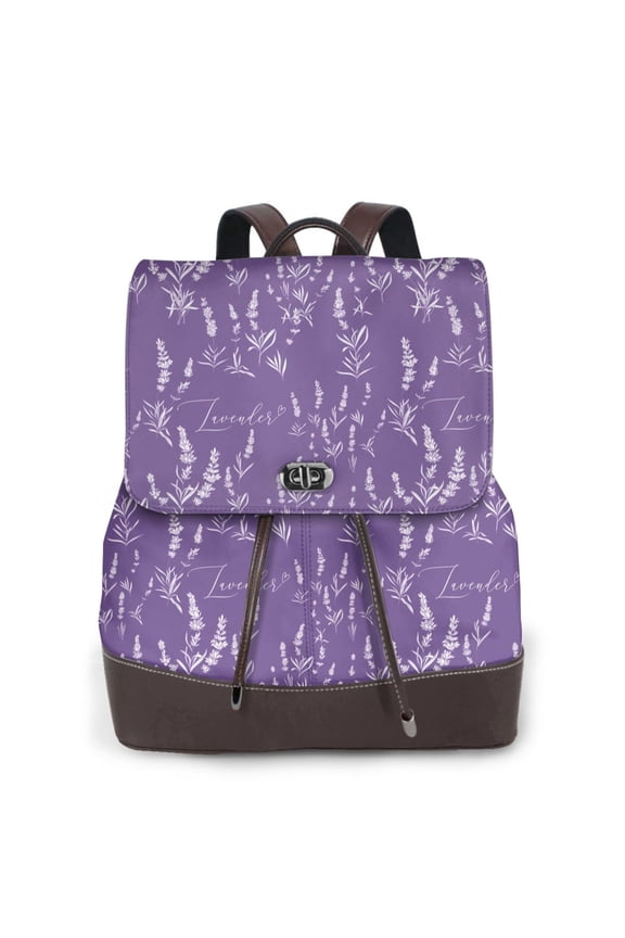 Lavender Flowers Print Large Backpack Soft Leather for Women Travel with Compartment, Adjustable Convertible Strap