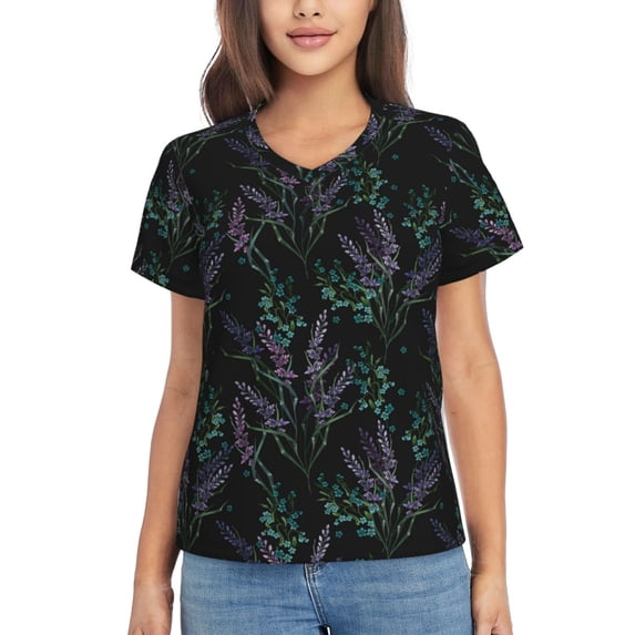 Xecao Lavender Flowers for Women's V-Neck T-Shirts-Elegant Half-Sleeve Tops Perfect for Summer-Large