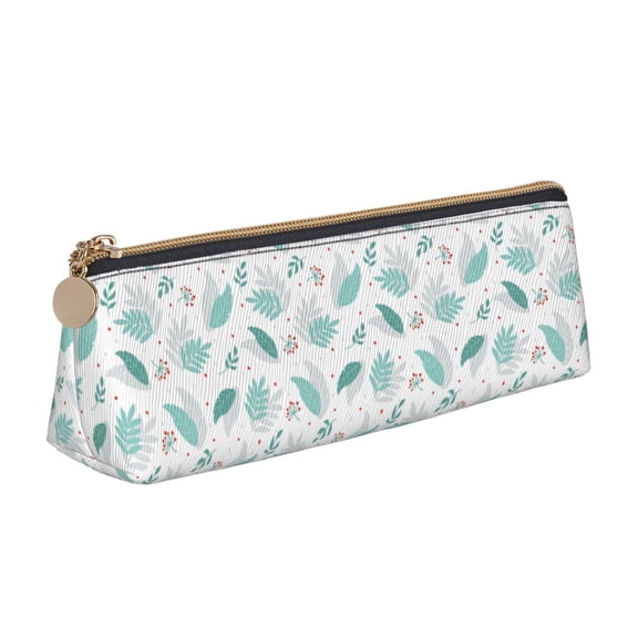 Xecao Leaf Print Green Print Leather Pencil Case -Stationery Bag Pen Holder for Work & Office