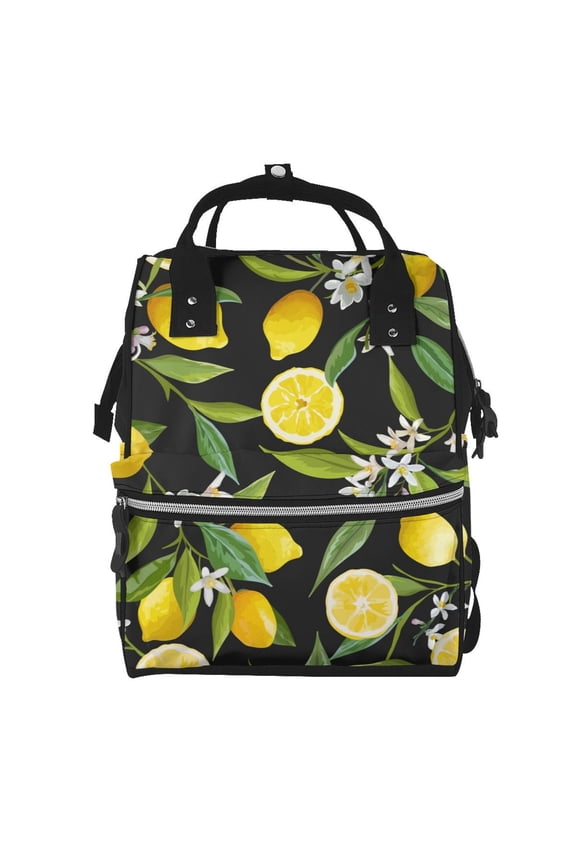 Lemon Fruits Flowers Leaves print Large Capacity Nappy Bag is a multi-functional waterproof travel backpack, perfect as a nursing bag or mummy backpack for women