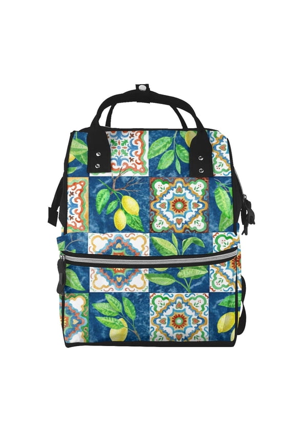 Lemon and Leaves print Large Capacity Nappy Bag is a multi-functional waterproof travel backpack, perfect as a nursing bag or mummy backpack for women