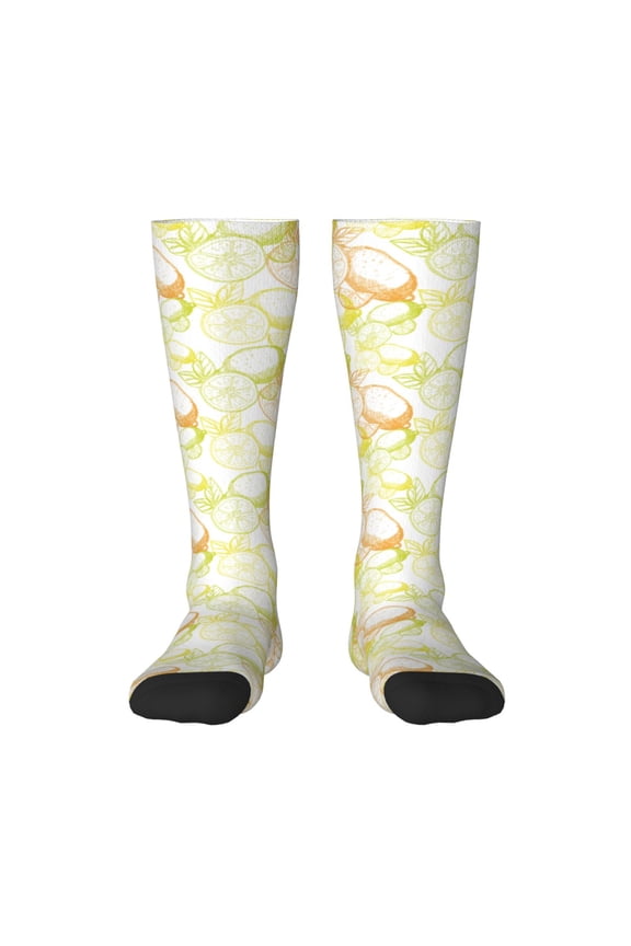 Lemon Potatoes print thigh-high socks, crafted for both men and women with a stretchy, high-opaque design perfect for daily wear
