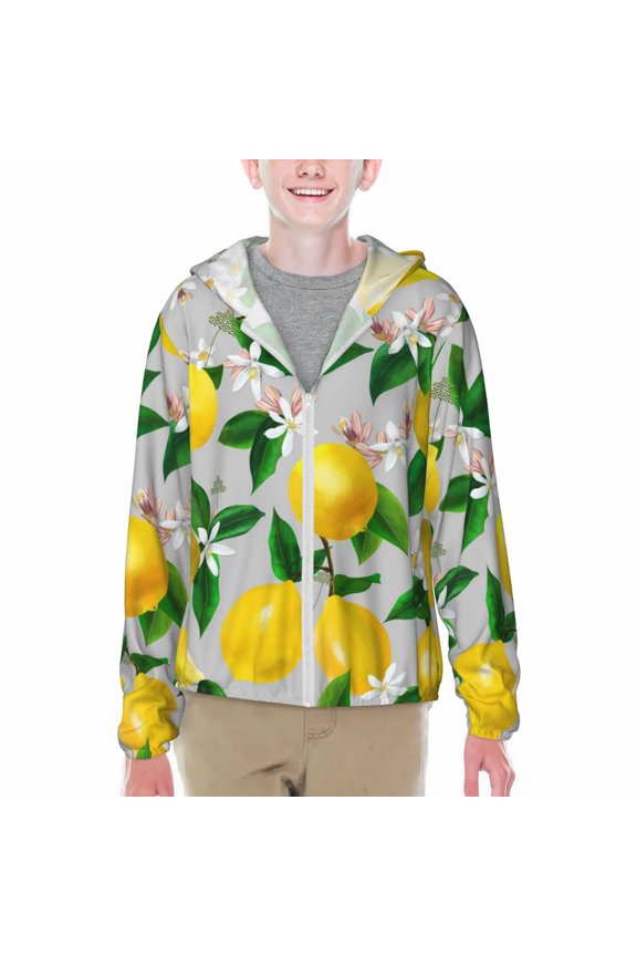 Lemon Seamless Pattern Oil Painting Effect Print Fishing Shirts for teenager Long Sleeve UV Sun Protection Hoodie with Zipper Outdoor Hiking Shirts-XX-Large