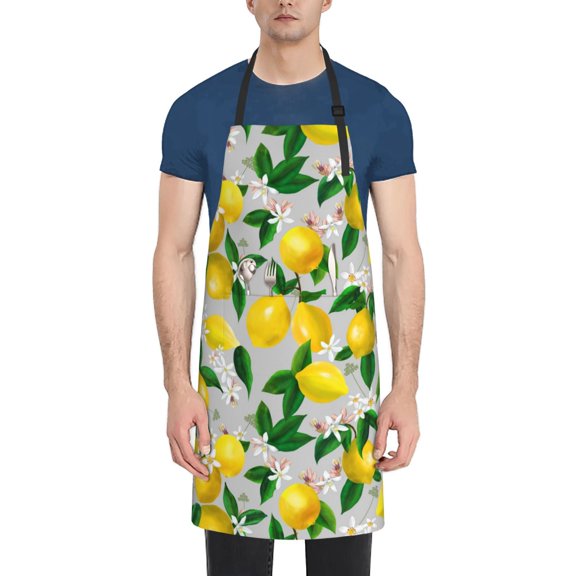 Xecao Lemon Seamless Pattern Oil Painting Effect Print Kitchen Cooking Aprons, Waterproof Adjustable Bib Aprons with 2 Pockets for Women Men Chef