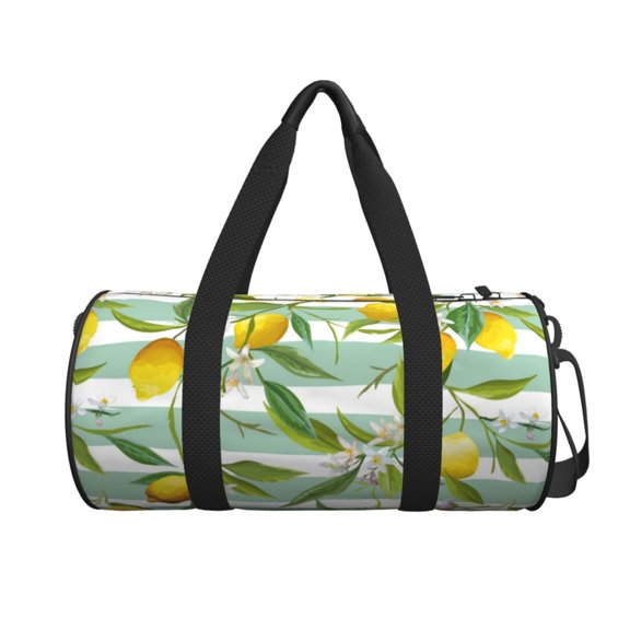 Xecao Lemon print Round Travel Duffel Bag is a foldable gym bag with an inner pocket, perfect for travel sports