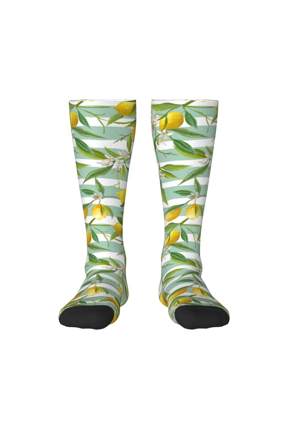 Lemon print thigh-high socks, crafted for both men and women with a stretchy, high-opaque design perfect for daily wear