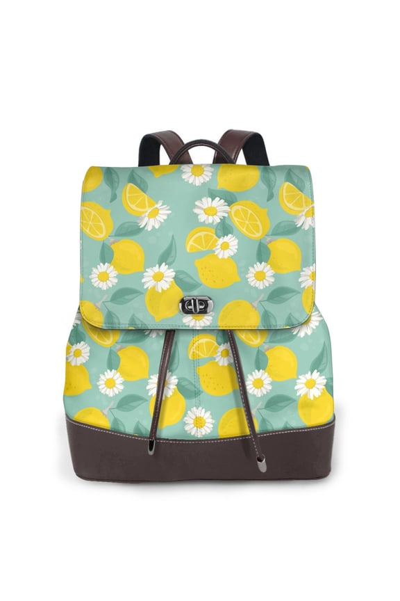 Lemons Chamomile Flowers And Leaves Print Large Backpack Soft Leather for Women Travel with Compartment, Adjustable Convertible Strap