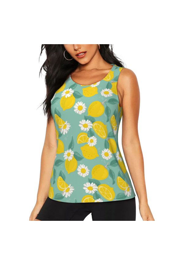 Lemons Chamomile Flowers And Leaves print women's scoop neck, loose-fit workout tank tops for the gym.
