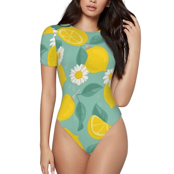 The Xecao Lemons Chamomile Flowers And Leaves Women's Crew Neck Body Suit, a short-sleeved bodysuit and basic swimsuit, both comfort and style for dating and daily life