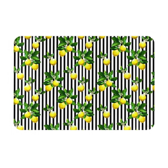 Xecao Lemons on Striped print Flannel Mat: Non-slip, 16x24in. Ideal for kitchen, bedroom, bath & living room.