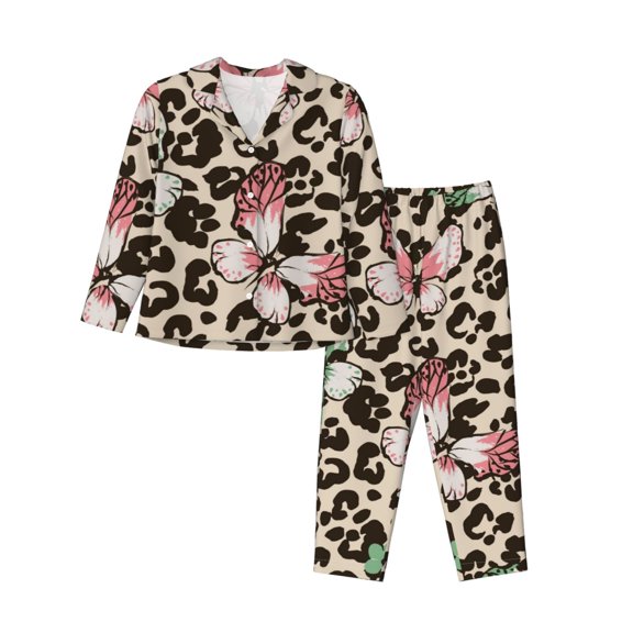 Xecao Leopard Dots Print Women Pajamas Set Soft Sleepwear Pjs long Sleeve Button Down Nightwear with Long Pants