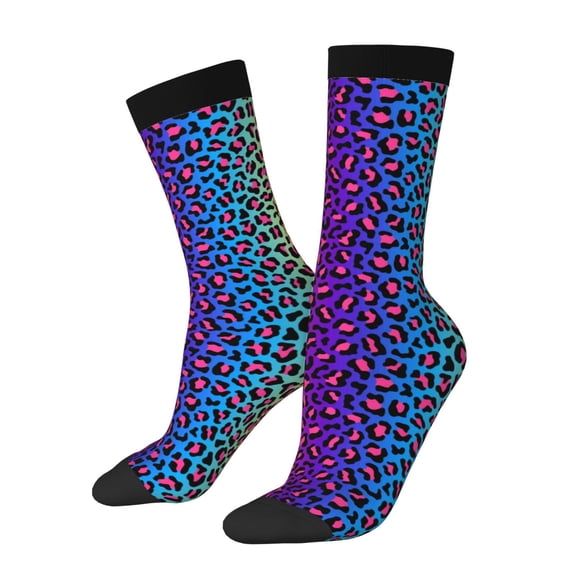Xecao Leopard Neon Rainbow Gradient Pattern Sport Socks for Women and Men Crew Socks Sporty Calf Socks Casual Socks